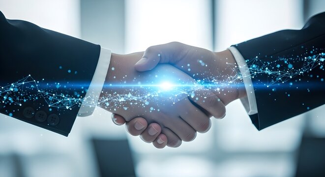 Digital transformation handshake technology and business partnership agreement - Powered by Adobe