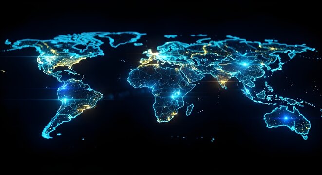 Glowing world map with city lights on a dark background