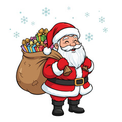 A cheerful illustration of Santa Claus, depicted with a full white beard, carrying a large sack of colorful presents.