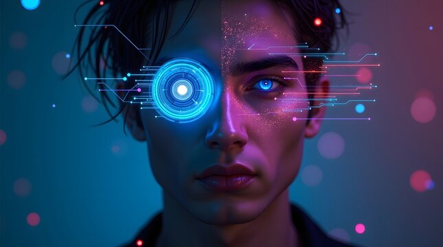 modern portrait of a man with tech ai eye