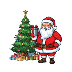 Santa Claus holding a gift next to a decorated Christmas tree with presents underneath.