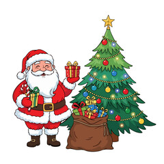 Santa Claus holding a gift and candy cane next to a decorated Christmas tree with a sack full of presents.