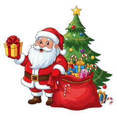 A cheerful cartoon Santa Claus stands beside a sack full of presents and a decorated Christmas tree.