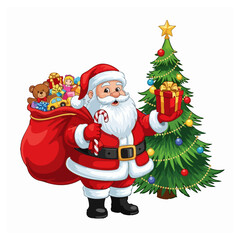 Fototapeta premium Cartoon Santa Claus standing beside a decorated Christmas tree holding a gift and a sack of toys.