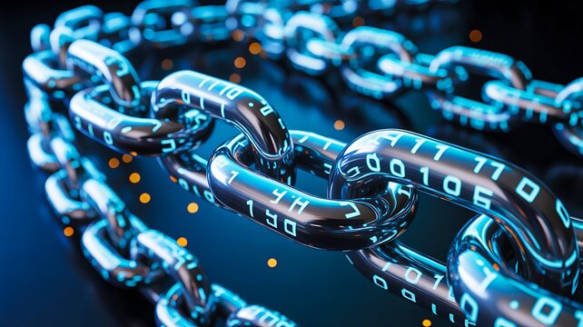 Futuristic glowing digital blockchain chain with cybersecurity and data technology visualization
- Powered by Adobe