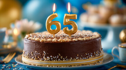 Chocolate birthday cake with lit golden number candles celebrating an elegant 65th milestone surrounded by festive blue and gold party decorations