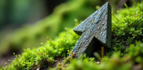 Ancient stone arrow embedded in a mossy forest floor, pointing towards a sunlit clearing, symbolizing direction and nature s path. A close up, low angle shot of a large, ancient stone carved into an