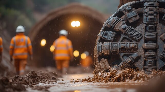 Tunnel boring machine carving through earth with construction workers overseeing the project, showcasing engineering prowess and infrastructure development