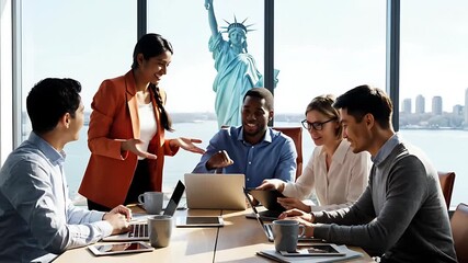 Dynamic Diverse Business Team Meeting in a Contemporary Office with Stunning Statue of Liberty and New York City Skyline Backdrop Collaborative Work Session - Powered by Adobe