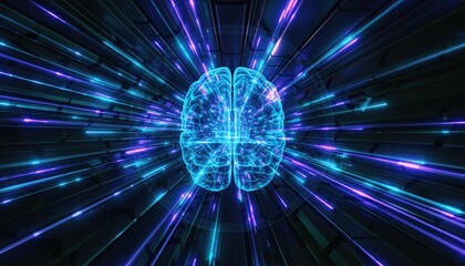Glowing Blue Brain Model Surrounded by Streaking Neon Lights in a Futuristic Tunnel
