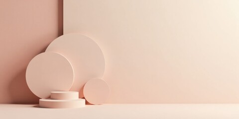 Pastel-toned circular forms and a tiered platform create a minimalist, elegant backdrop for product display or design presentation.