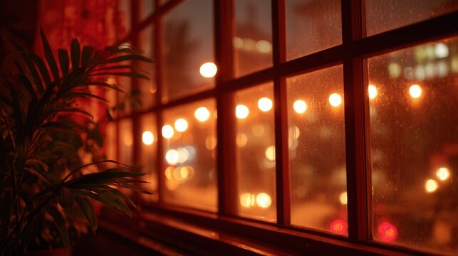 A warm and inviting scene of a rainy window with soft glowing lights outside, creating a cozy atmosphere perfect for relaxation or reflection. - Powered by Adobe