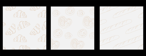 Seamless pattern with different breads and backed products hand drawn with contour lines on light background. Backdrop with Vector illustration for wrapping paper.