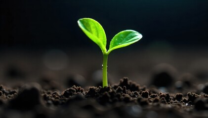 Resilient Rebirth Tiny sprout pushing through damp earth, a symbol of spring s nurturing strength. Macro shot from ground level looking up at a tiny, vibrant green sprout with two small leaves,
