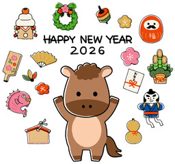 お正月・縁起物と馬・午年の年賀状イラスト　Horse Lucky charm icon