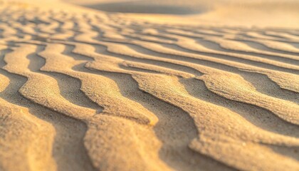 Golden Sand Dunes Wavy Texture in Sunlight Close Up Surface Pattern Desert Landscape Nature Outdoor Backdrop Warm Tone High Angle View