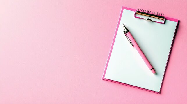 A pink clipboard holds a blank sheet of white paper with a pink pen resting on it, set against a solid pink background.