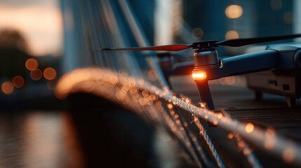 Modern drone poised for flight over city landscape at dusk, capturing stunning aerial perspectives for innovative projects and creative ventures