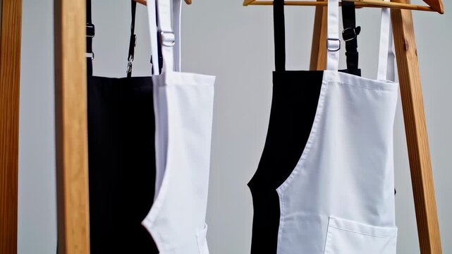 Two aprons, black and white, hung on a wooden rack against a gray background