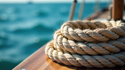 Fototapeta premium Close-up View of a Coiled Nautical Rope Aboard a Vessel at Sea