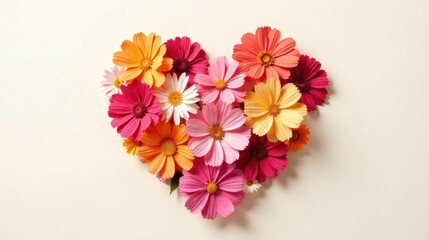 A vibrant arrangement of blossoms forming a heartfelt symbol, showcasing diverse petals in a spectrum of colors, creating a charming and lovely design for any occasion