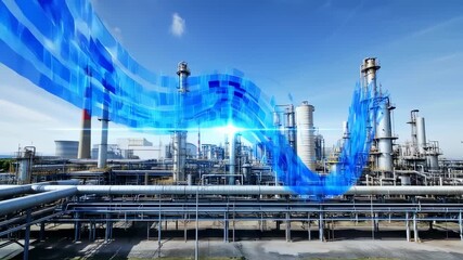 An industrial complex with pipes and towers, blue abstract overlays on a sunny, clear blue sky - Powered by Adobe
