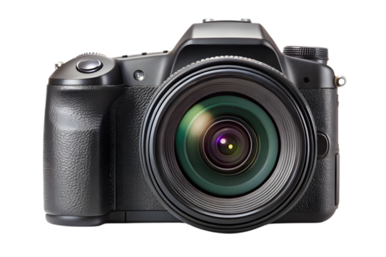 Black digital camera isolated on transparent background