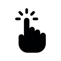 Click symbol with hand, Click hand cursor icon, A black hand with the index finger extended and radiating lines above the fingertip on white background