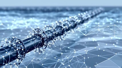 A futuristic chain of cylindrical components with a network of lines and nodes, rendered in blue - Powered by Adobe