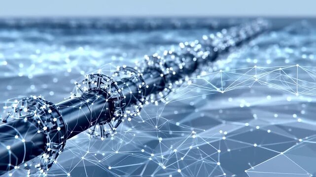 A futuristic chain of cylindrical components with a network of lines and nodes, rendered in blue - Powered by Adobe