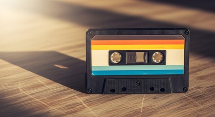 Retro audio cassette tape with colorful label on a wooden surface
