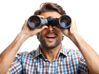 Man looking through binoculars isolated on transparent background