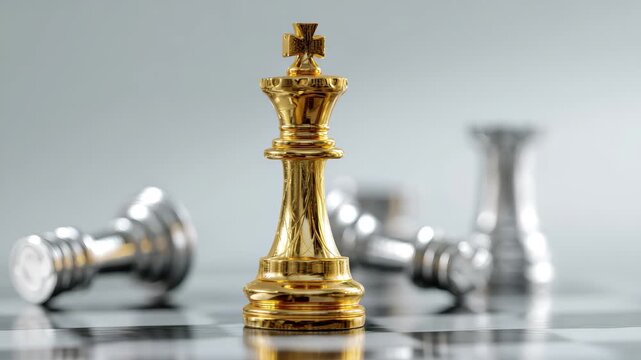 Golden chess king victorious over fallen silver pieces in strategic game video clip, 4K - Powered by Adobe