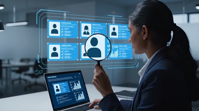 Businesswoman analyzing applicant profiles with futuristic interface at desk job