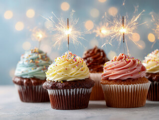 Colorful assorted cupcakes with festive sparklers and sprinkles on creamy icing perfect for birthday celebrations or joyful parties with a bright background blur