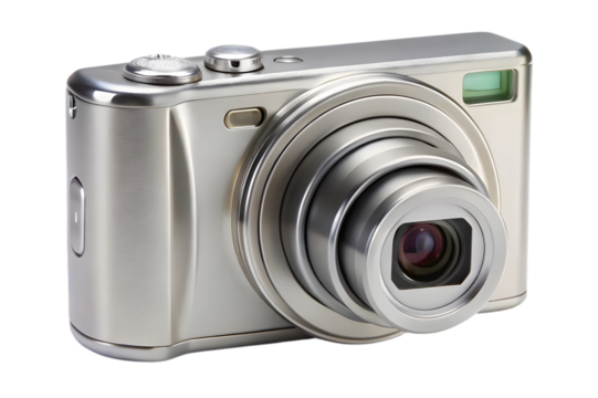Silver point and shoot camera isolated on transparent background