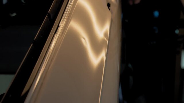 Close up footage of lighted damages on the car body under pointless dent repair, mechanic at the auto repair shop with tools . PDR