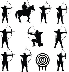 Archery silhouette set, bow and arrow shooting poses, horseback rider, sport target, vector illustration collection, hunting warrior, black figures