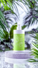 A green pump dispenser bottle sits on a stone pedestal, framed by vibrant green tropical foliage.