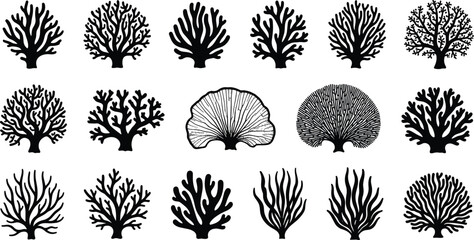 Coral silhouette vector set, black sea reef collection, marine underwater plant icons, ocean nature illustration isolated on white background © Heyyy