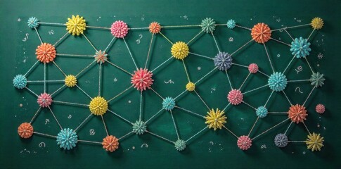 Chalkboard Filled with Interconnected Geometric Shapes A Visual Metaphor for Complex Project Planning Intricate network of interconnected geometric shapes drawn in chalk on a dark green chalkboard.