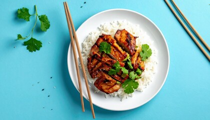 A plate of white rice topped with sliced grilled chicken and garnished with cilantro, with chopsticks resting on the side.