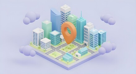Isometric city with location pin and clouds, a modern urban navigation concept