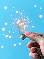 A person's hand holds a lit incandescent light bulb, with small sparks emanating from it, against a bright blue background with soft, out-of-focus lights.