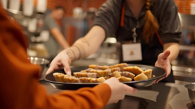 Young woman worker serving pastries in a college cafeteria kitchen