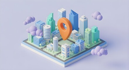 Isometric city with location pin and clouds, a modern urban navigation concept