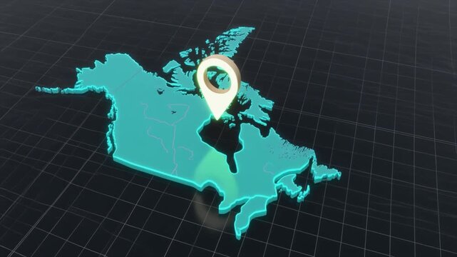 3D map of Canada with a glowing location pin and grid background marker