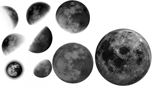 Several moon models, black on a transparent background.