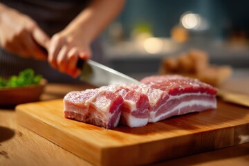 Preparing fresh pork belly on a wooden kitchen counter with a sharp knife and chopped herbs