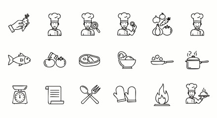 A collection of illustrated cooking icons, showcasing various culinary elements and kitchen tools, perfect for food-related design projects.